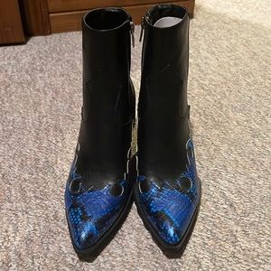 Never worn black cowboy boots with blue snakeskin detail